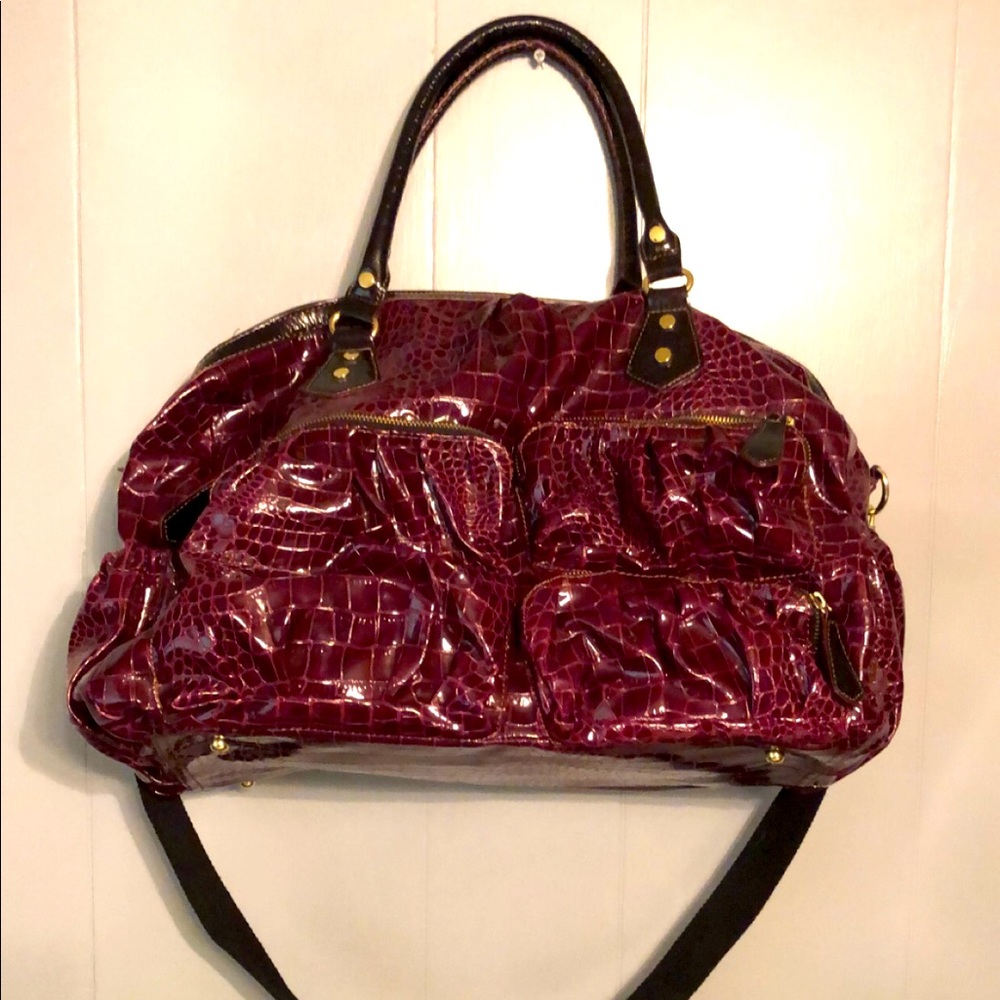 Maroon Faux Leather Duffle Overnight Bag